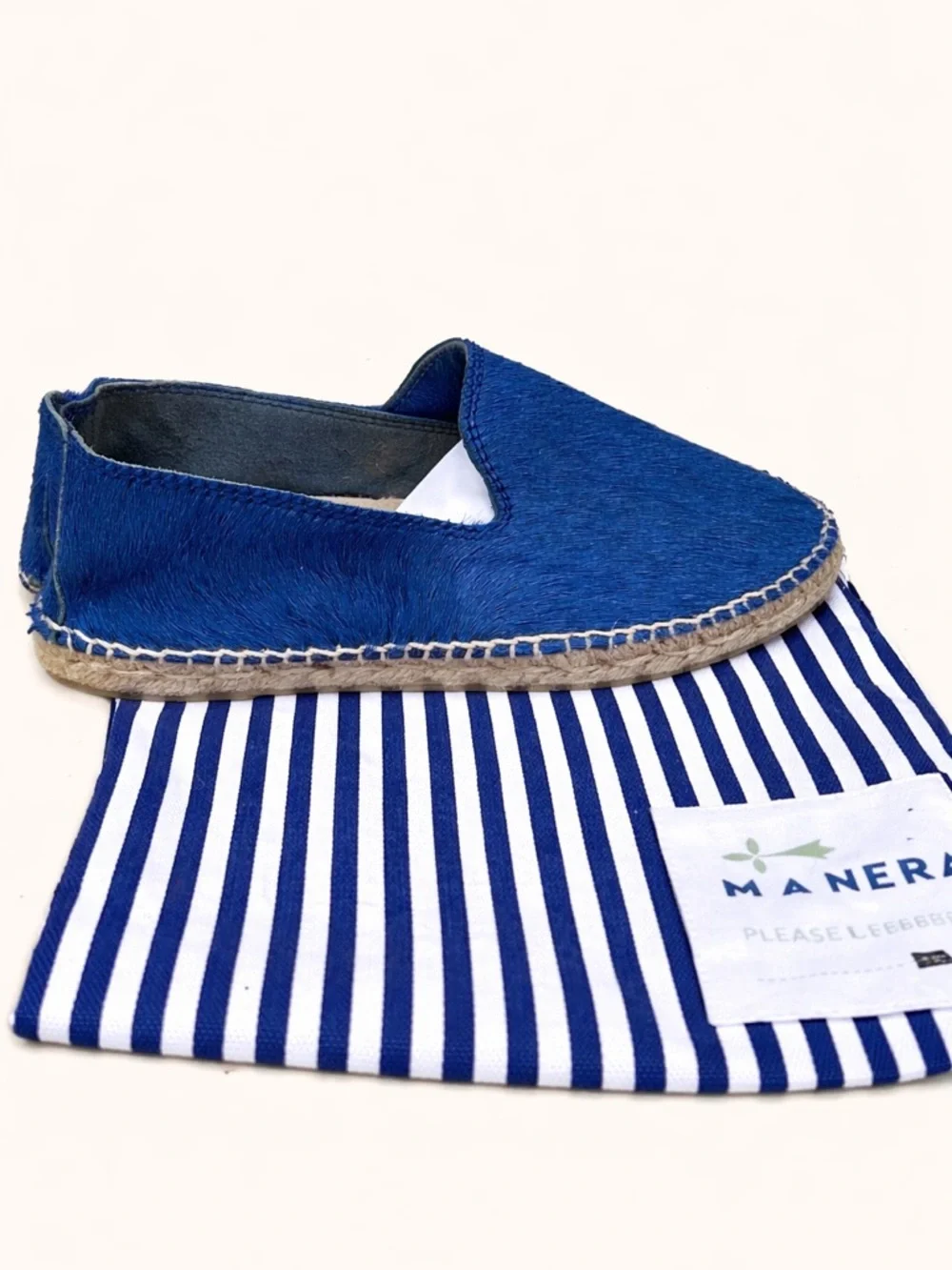 Manebi Blue Calf Hair Espadrilles Size 37 Slip On Flats US 6.5 NWT